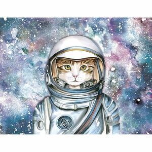 Space Cat Canvas Art 12x16 Astronaut Galaxy Print Blue Wall Decor Whimsical